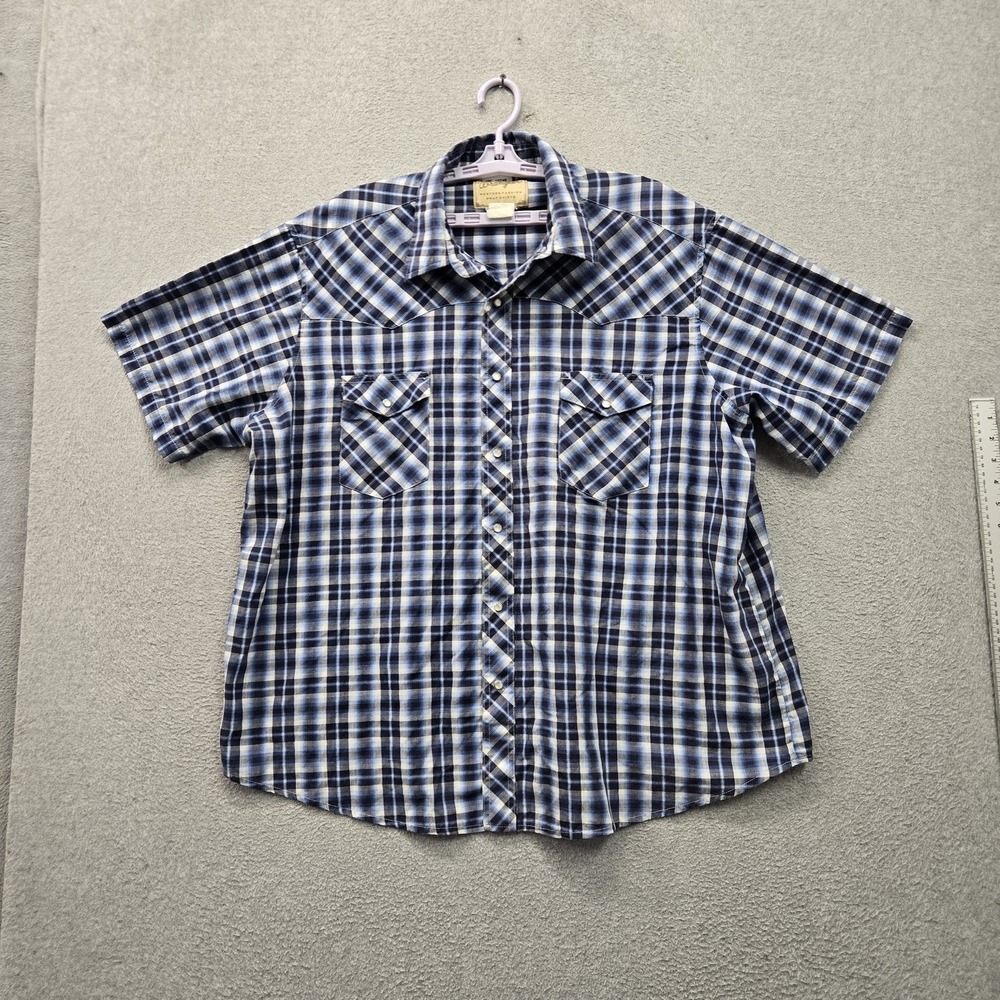 Wrangler Men Button Up Shirt 2XL Blue Plaid Western Pearl Snap Short Sleeve